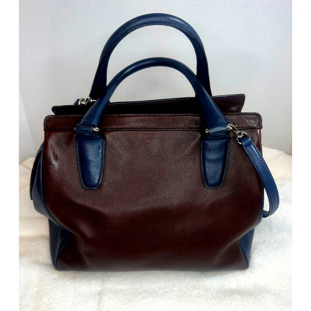 Coach Navy Blue & Brown Leather Two-Way Satchel | Silver Hardware | Dust Bag - Picture 2 of 16